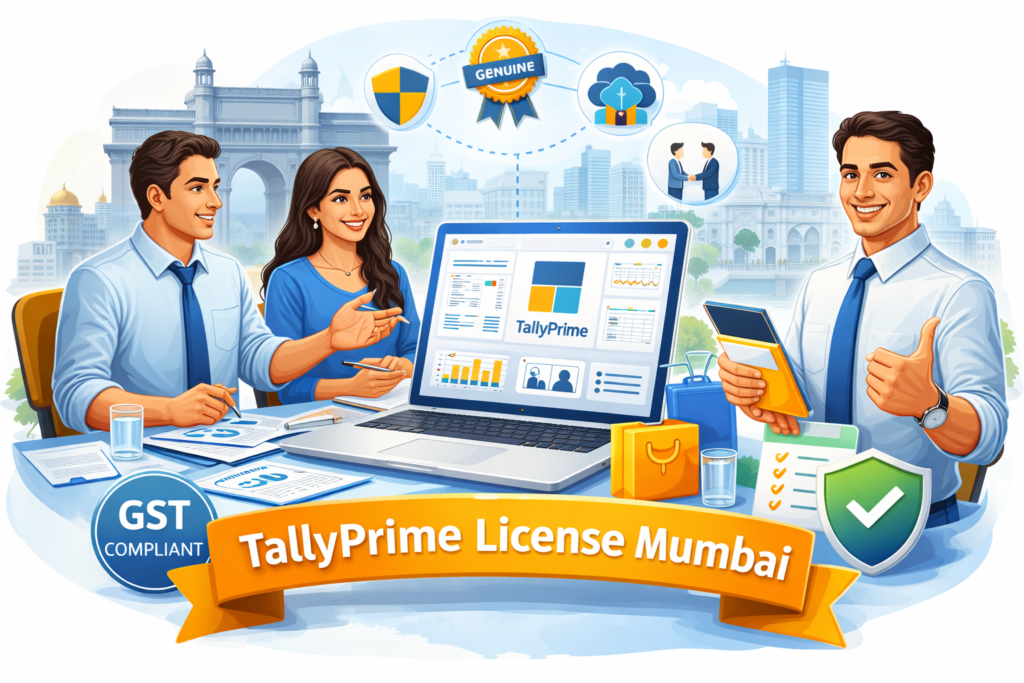 Buy TallyPrime License in Mumbai—customer and service provider discussing TallyPrime software features and GST billing